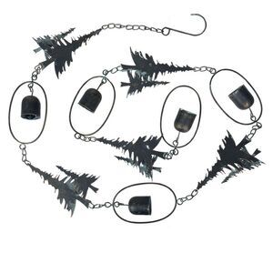 70" Metal Rain Chain - Forest Trees & Zen Bells, Aged Verdigris, 3.25" Diameter